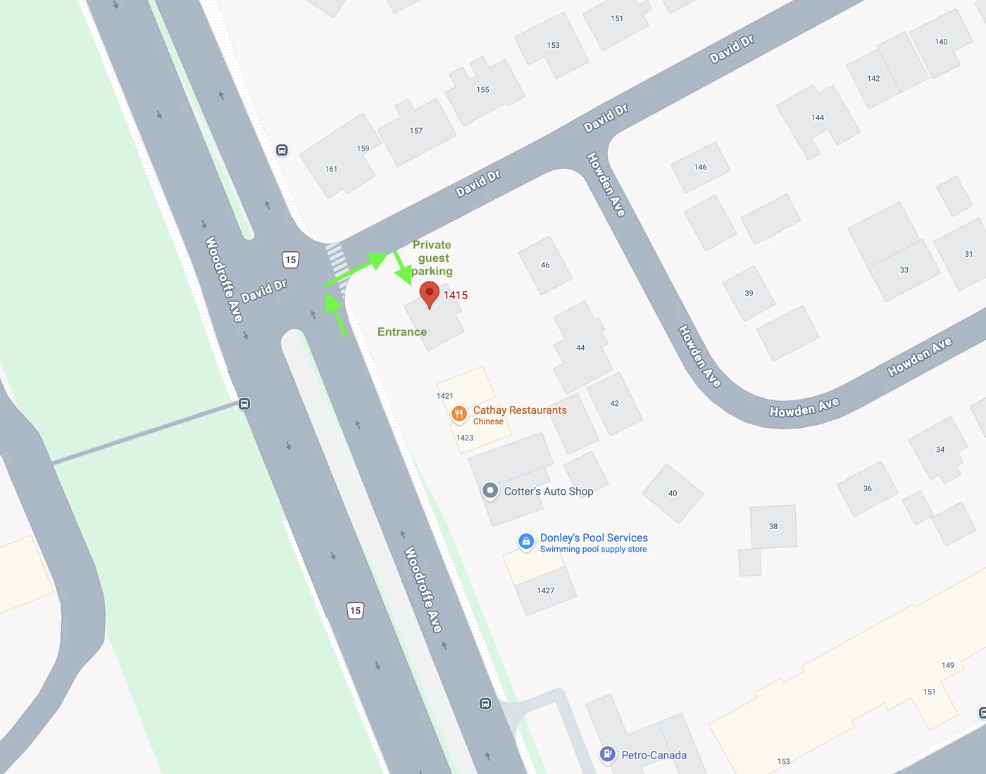 Map of 1415 Woodroffe Avenue: the building entrance is on the Woodroffe Avenue side, and the private guest parking is entered from David Drive.
